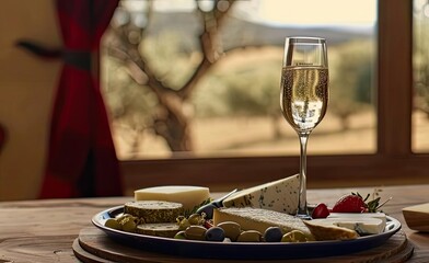 Fototapeta premium Cozy rustic dining setup with wine, cheese, and bread in a countryside setting, perfect for a romantic or relaxing meal.