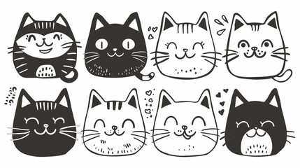 Seamless Row of Cute Cat Emoticons - Black and White Vector Line Drawings Collection in High Definition