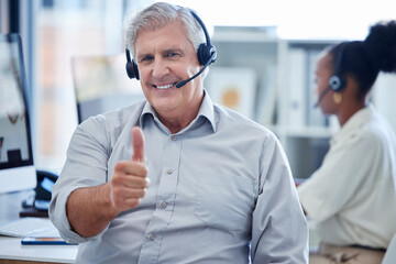 Thumbs up, customer support and portrait of man with headset, smile and client service in crm...