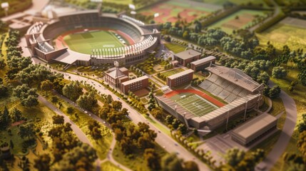 Obraz premium Generate a photo realistic image of a maquette depicting a sports complex with stadiums, arenas, and sports training facilities