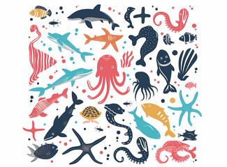 Fototapeta premium Playful Silhouette Logo of Sea Creatures for Kids in Colorful Scandinavian Style on White Background