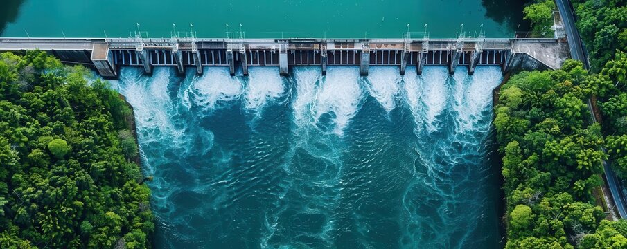 River hydroelectric dam, renewable energy powerhouse, top view, modern sustainability, technology tone, Complementary Color Scheme, copy space for text