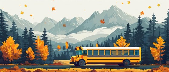 Flat design of a school bus on a rural road with scenic mountains and fields, showing the bus in motion