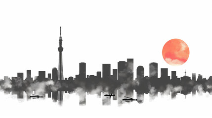 Serene Tokyo Essence � Minimalist T-shirt Design Featuring Monochromatic Cityscape with Clean Lines and Negative Space