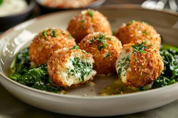 Fototapeta premium Delicious spinach and cheese stuffed dumplings served hot and golden brown.
