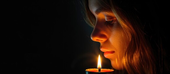 Obraz premium Closeup shot of a woman with a burning candle against a black background providing ample copy space image