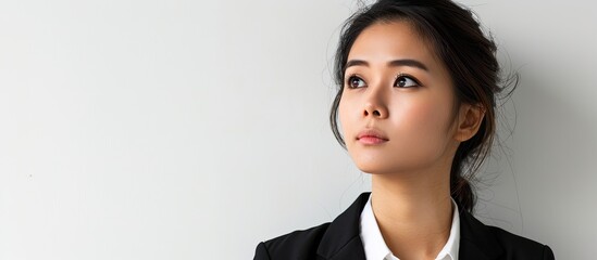 Asian woman in formal casual attire with a contemplative expression on a white background with copy space image