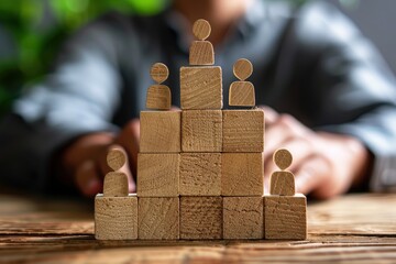 Building a Strong Foundation: A pyramid of wooden figurines, symbolizing a hierarchy and leadership structure, is carefully crafted by a blurred hand, highlighting the importance of teamwork and colla