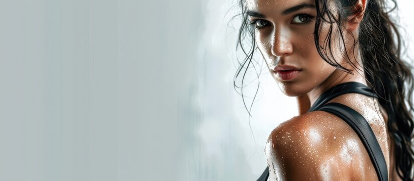 A stunning dark haired woman in fitness attire is getting ready for a dynamic workout in a studio captured with a white background for fitness training and lifestyle topics Perfect for including text