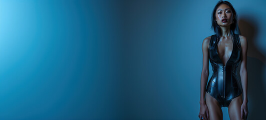 a woman with on plain blue studio background, arms at side, wearing leather dress, with empty copy space