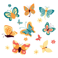 Set of hand drawn cute butterflies, isolated on the white background. Cartoon character for kids cards, baby shower, invitation, poster. Vector stock illustration
