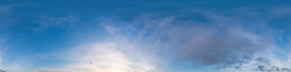 Sky 360 panorama - Bright blue sky filled with fluffy white Cumulus clouds. Seamless hdr spherical 360 panorama. Sky dome sky replacement for aerial drone 360 panoramas. Weather and climate change