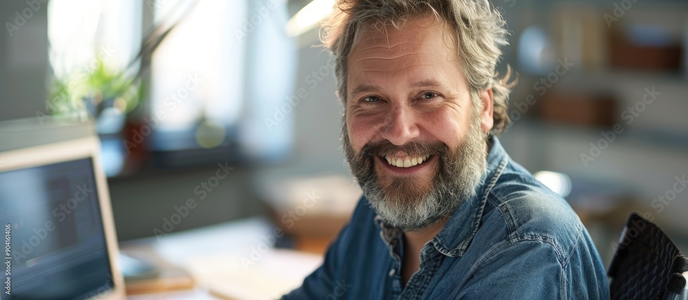 Aufkleber middle aged man with a beard smiling while operating a computer with a copy space image