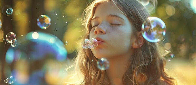 Caucasian teen girl blowing bubbles in park in a copy space image