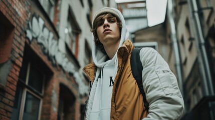 Fototapeta premium photo of young man in streetwear - generation z fashion and style in urban setting