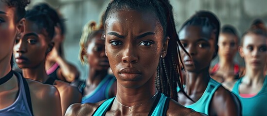 Diverse group of young female athletes exercising together in a gym setting Women engaging in stretching exercises with a copy space image available