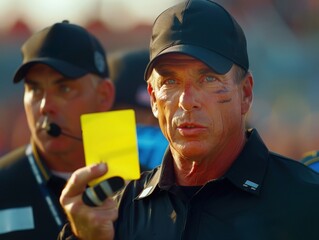 Serious referee showing yellow card penalty on football field to player