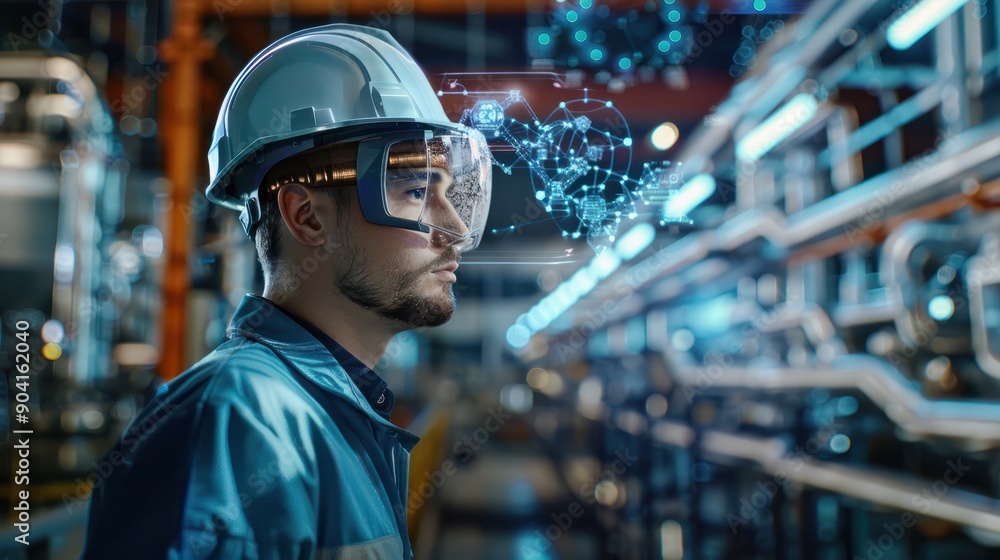 Poster portrait of a maintenance engineer using advanced technology to optimize factory operations. generat
