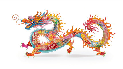 Majestic Chinese Long Auspicious Dragon in Linear Shape with Colorful Calligraphy Drawing