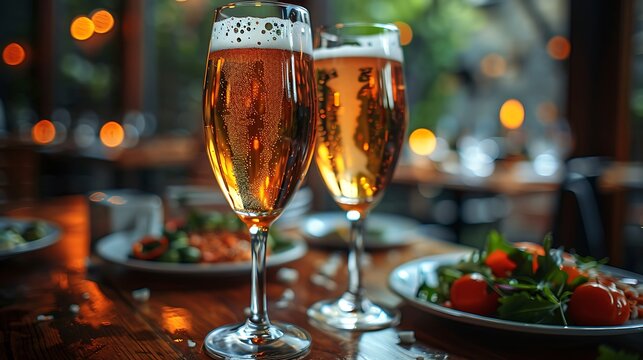 a pair of glasses of beer and a plate of food.

