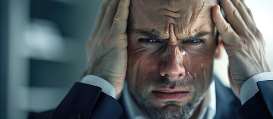 Stressed executive in the office holds his head in pain Includes copy space image