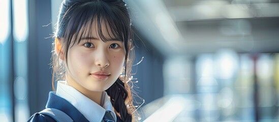 An Asian schoolgirl in a uniform with copy space image