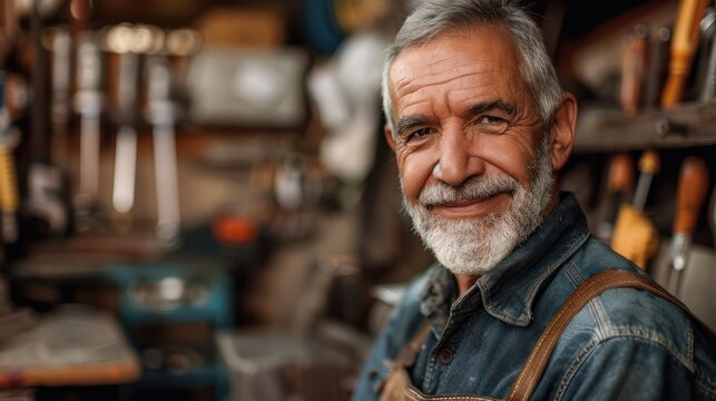 Portrait of a smiling middle aged male worker in tool shop