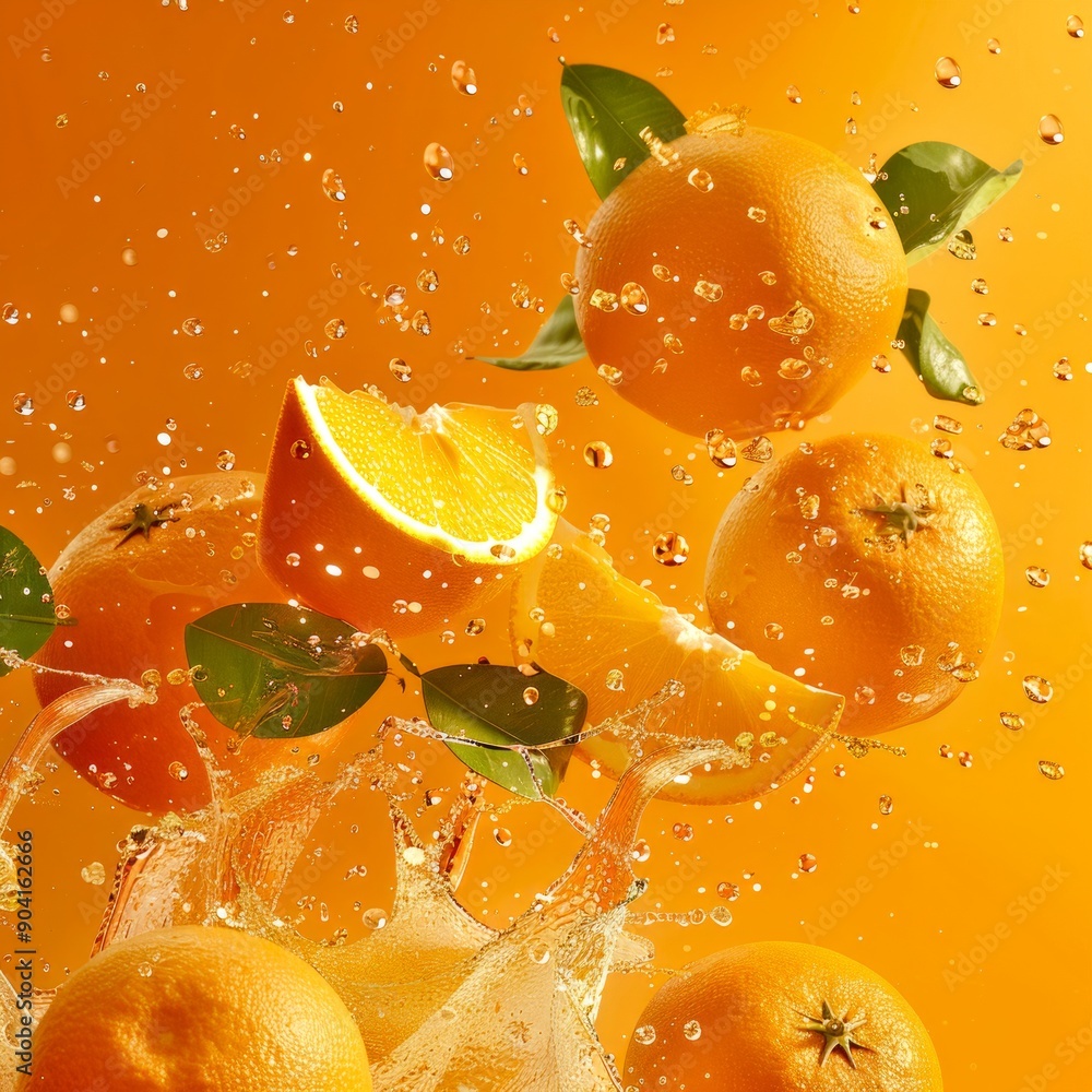 Canvas Prints Fresh oranges falling in water splash against vibrant orange background. Clean and healthy concept with a refreshing style. Ideal for advertising, marketing, and wellness promotions. AI