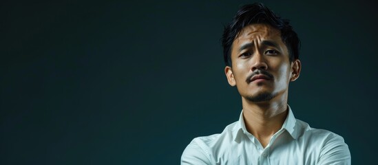 Asian Indonesian man in white shirt with random expression in copy space image