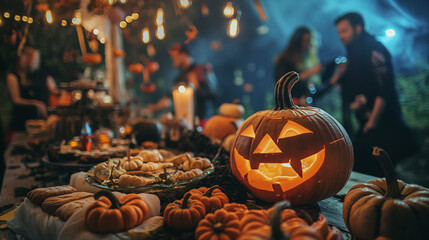 Spooky Halloween decorations with carved pumpkins and candles in dark room, festive and eerie atmosphere