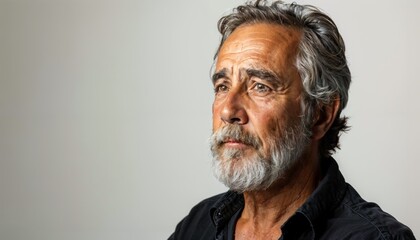 Medium shot of a man with a pensive, thoughtful expression, isolated white background