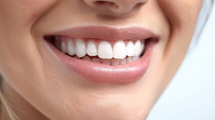 Fototapeta premium Close-up shot of a young bright smile with whitening teeth. Isolated on a white background, ideal for dental care themes.
