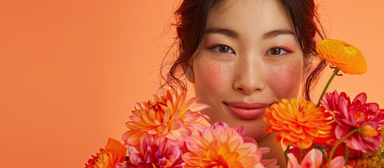 Naklejka premium A smiling young Japanese woman holding a flower bouquet in an orange and pink beauty portrait She gazes directly at the camera in this vibrant image with copy space