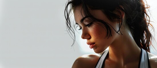 A stunning dark haired woman in fitness attire is getting ready for a dynamic workout in a studio captured with a white background for fitness training and lifestyle topics Perfect for including text