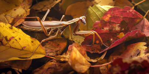 Praying mantis with a rich brown hue camouflaged against autumn leaves, showcasing its ability to blend into its environment with warm, earthy tones.