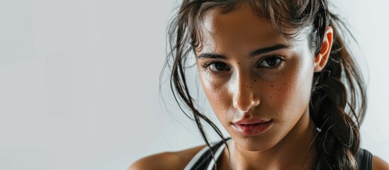 A stunning dark haired woman in fitness attire is getting ready for a dynamic workout in a studio captured with a white background for fitness training and lifestyle topics Perfect for including text