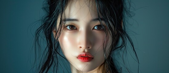 Confident Asian female poses facing the camera with copy space image background