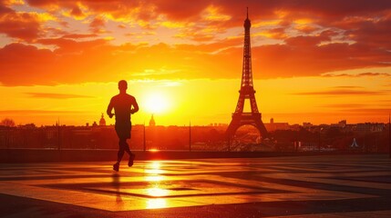 Silhouette of a runner with the Eiffel Tower in the background at sunset.