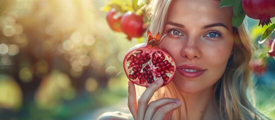Woman holding a branch of vivid pomegranate blossoms in a green park focused on appreciating nature Includes copy space image