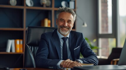 Fototapeta premium Smiling mature business man of middle age, confident entrepreneur or bank manager, 50 years old executive, mid aged businessman investor trader, male lawyer sitting at work desk, Generative AI.