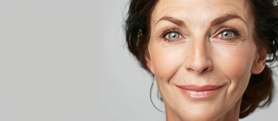 A beautiful middle aged woman from the 50s poses for a close up portrait on a white background emphasizing healthy skin and a lovely smile perfect for skincare or cosmetic advertisements with copy spa