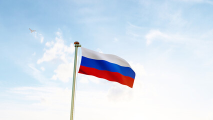 Russian flag waving in beautiful sky. Flag of Russian waving in the wind, sky and sun background. Russia Flag. UHD. 