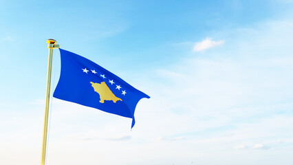Flag of Kosovo waving in the wind, sky and sun background. Kosovo flag. Ultra Hd.