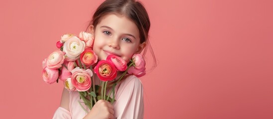 Fototapeta premium Adorable young girl holding a bunch of delightful ranunculus flowers against a pink backdrop with copy space image