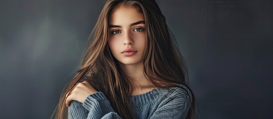 A content teenage girl a young female fashion model with long hair and a cheerful expression posing with crossed hands in a horizontal portrait for a banner featuring copy space image related to beau