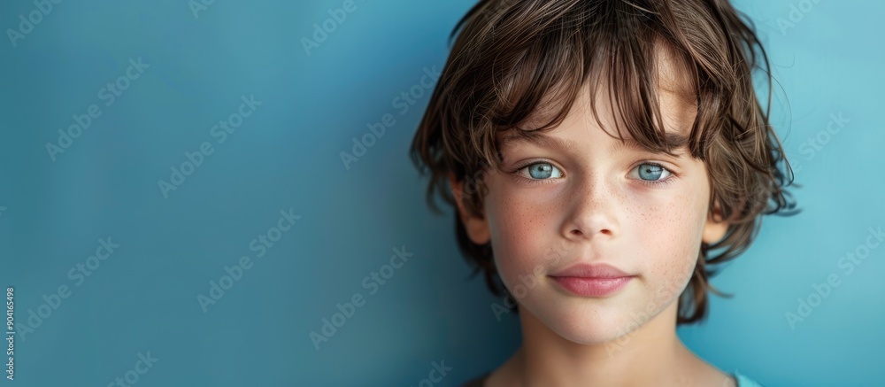 Poster a charming young boy is depicted in a portrait against a soft blue backdrop perfect for adding text 