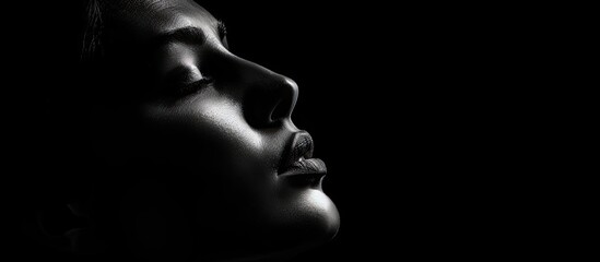An enigmatic black and white portrait of a woman accentuated by dramatic lighting highlighting her profile for a mysterious and intriguing copy space image