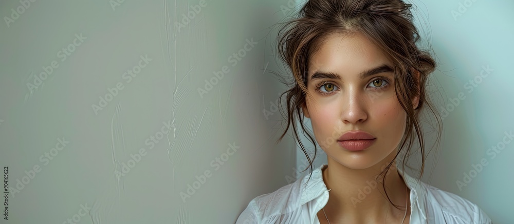 Aufkleber pretty woman in a white shirt in the image with space for text. copy space image. place for adding t