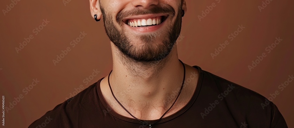 Poster man smiling with a cross pendant against a brown background with copy space image included