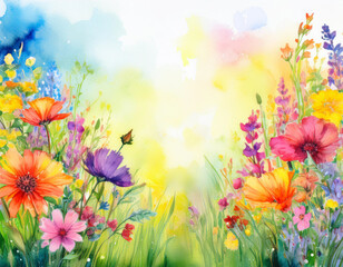 Obraz premium Bright Summer Floral Art Illustration Flowers Background with Copy Space for Advertising Text